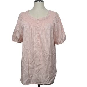 Linda Anderson Pink Gold Metallic Half Button Down Smocked Blouse L